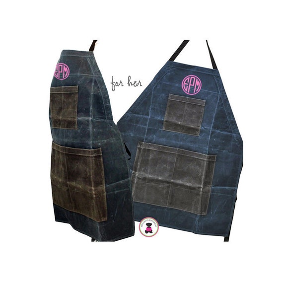 Apron-Slate-FOR HER w Monogram-Waxed Canvas Heavy Duty-Free Ship