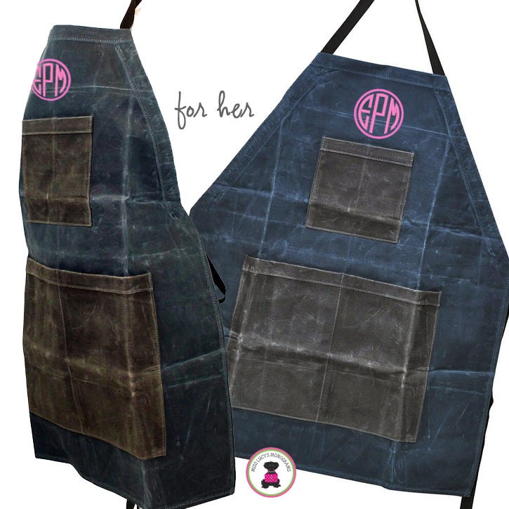 Apron-Slate-FOR HER w Monogram-Waxed Canvas Heavy Duty-Free Ship