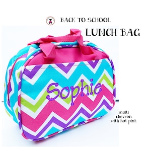 Lunch Tote-Insulated w Monogram-Multi Color Chevron.Free Ship.Back to School.Girl Travel Cooler Bag.Travel Cooler Bag.Colorful Lunch Tote.