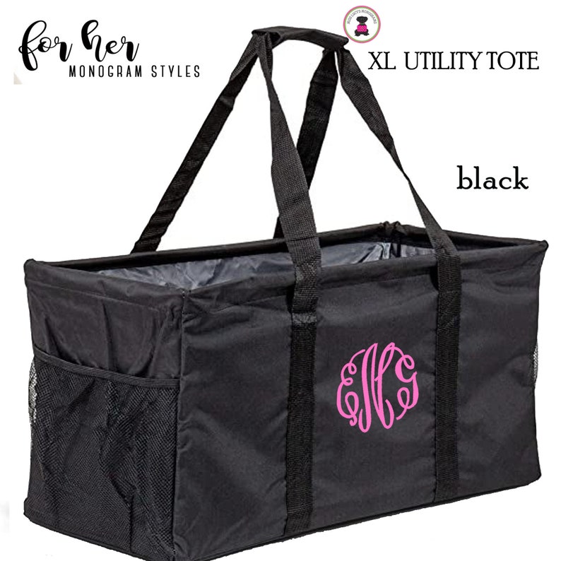 May include: Black XL utility tote bag with a pink monogram "EHG" and the text "XL Utility Tote" and "black".