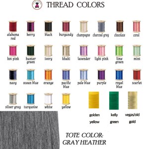 May include: A chart of thread colors for a tote bag. The colors include: Alabama red, berry, black, burgundy, champagne, charcoal gray, chocolate, coral, hot pink, hunter green, ivory, khaki, lavender, light pink, lime green, mint, navy, ocean blue, orange, pacific blue, pale blue, purple, royal blue, scarlet, silver gray, turquoise, white, yellow, golden yellow, kelly green, and vegas/old gold. The tote bag color is gray heather.
