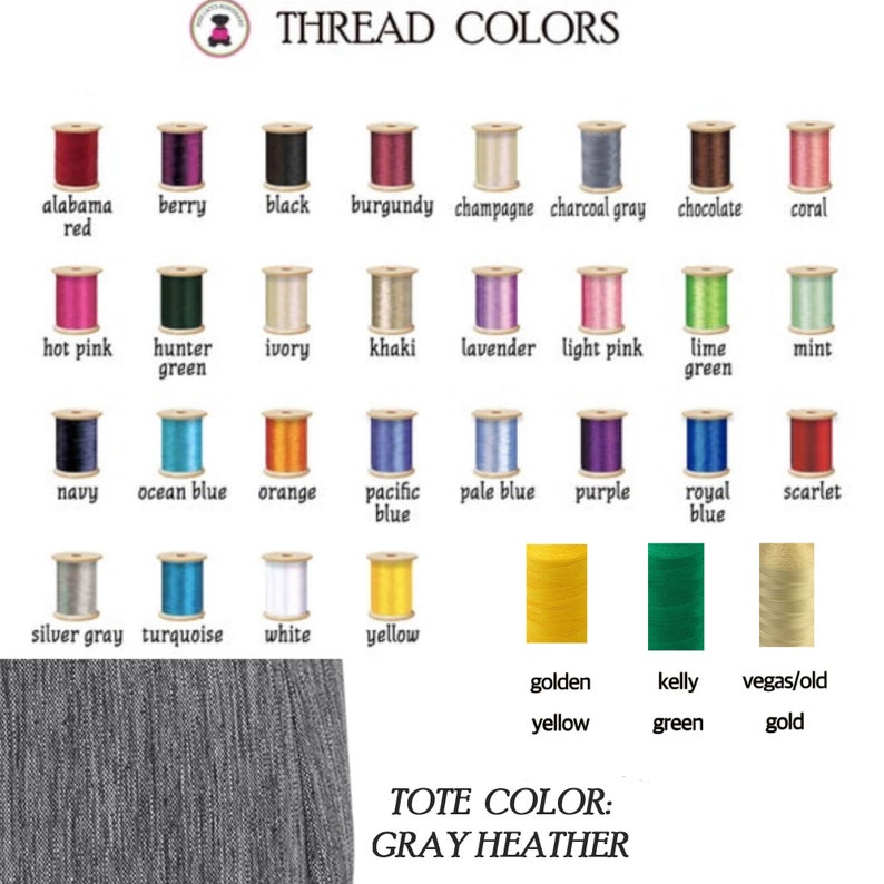May include: A chart of thread colors for a tote bag. The colors include: Alabama red, berry, black, burgundy, champagne, charcoal gray, chocolate, coral, hot pink, hunter green, ivory, khaki, lavender, light pink, lime green, mint, navy, ocean blue, orange, pacific blue, pale blue, purple, royal blue, scarlet, silver gray, turquoise, white, yellow, golden yellow, kelly green, and vegas/old gold. The tote bag color is gray heather.