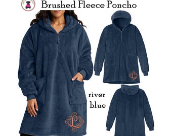 Cozy Monogrammed Brushed Fleece Hooded Poncho- River Blue -FREE SHIP/College Gift/Outdoor Blanket/Cozy Blanket/Christmas Gift/Gift for Her