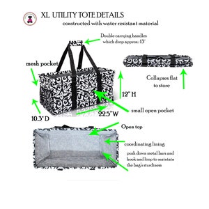 May include: Black and white patterned tote bag with a zippered mesh pocket, double carrying handles, and a coordinating lining. The tote bag measures 22.5 inches wide, 12 inches high, and 10.3 inches deep. It collapses flat for storage.