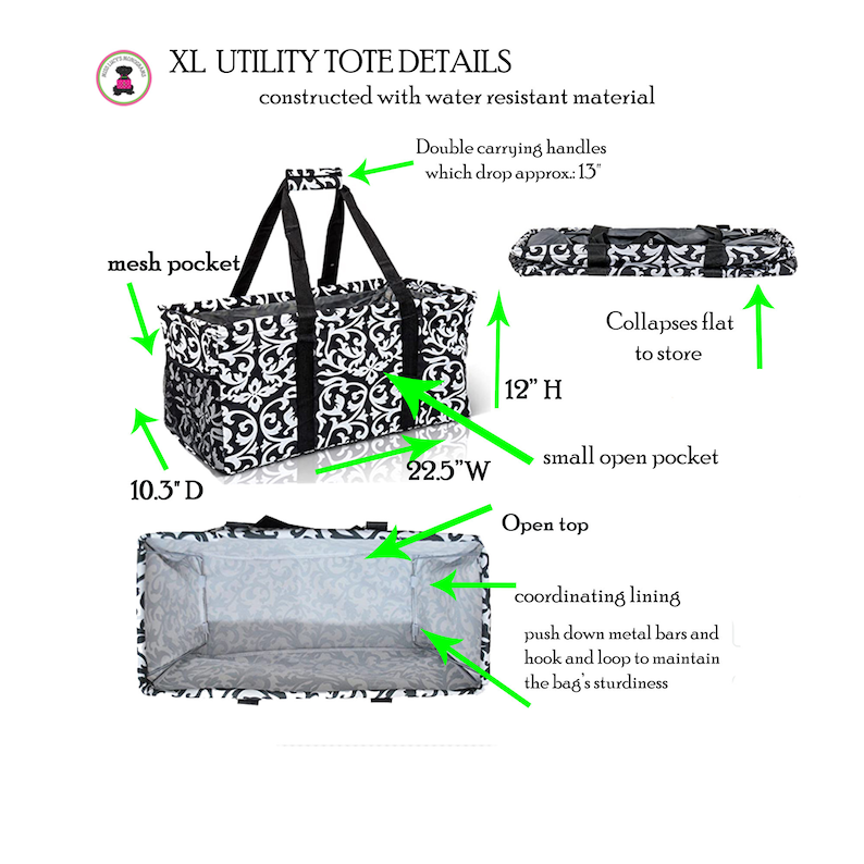 May include: Black and white patterned tote bag with a zippered mesh pocket, double carrying handles, and a coordinating lining. The tote bag measures 22.5 inches wide, 12 inches high, and 10.3 inches deep. It collapses flat for storage.