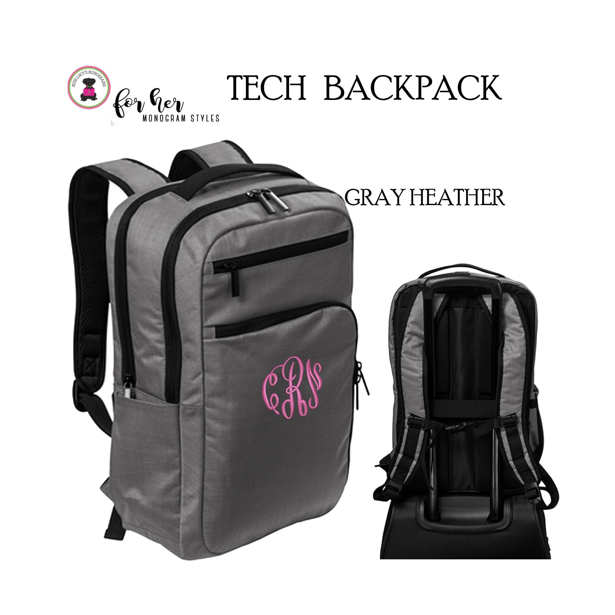 Laptop tech Backpack W Monogram FOR Her gray Heather ee Ship avel Backpack llege Bag.grad Gift.teacher Bag ach Gift.employee Gift. Etsy