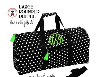 Duffel-Large/Rounded-Black & White Polka Dot-w Monogram-Free Ship.Tween Duffel.Flower Girl Gift.Grad Gift.Bat Mitzvah Gift.Birthday Gift.
