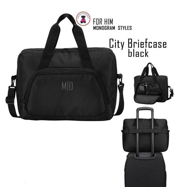 City Briefcase-Black w FOR HIM Monogram.Free Ship.Grad Gift.Business Briefcase.Corporate Gift.School Bag.Teacher Briefcase.Travel Briefcase