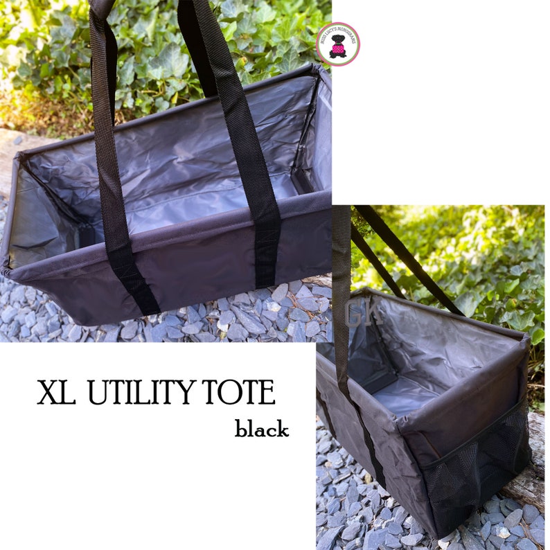May include: Black XL utility tote with two black handles. The tote is made of a durable fabric and has a mesh pocket on the side.  XL Utility Tote black