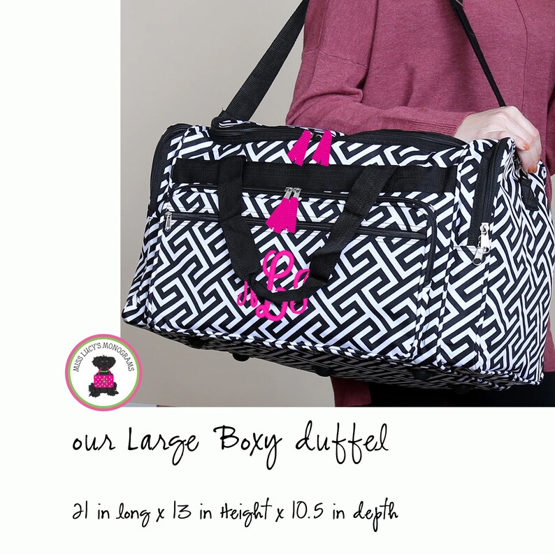 Monogrammed 3 Piece XLarge Boxy Duffel Travel Set-BlackWhite Greek Key-FREE SHIPBridesmaid GiftGift for HerOvernight TravelGrad Gift