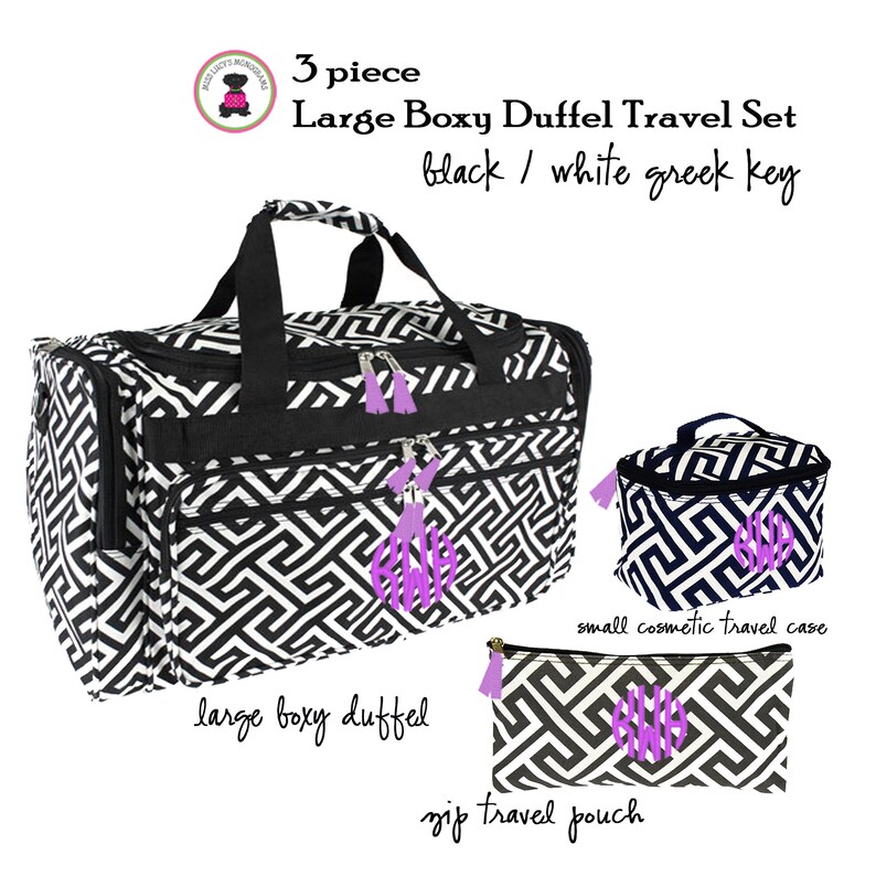 Monogrammed 3 Piece XLarge Boxy Duffel Travel Set-BlackWhite Greek Key-FREE SHIPBridesmaid GiftGift for HerOvernight TravelGrad Gift