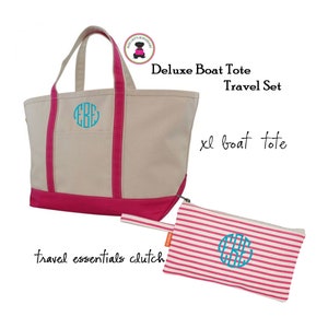 FOR HER Monogrammed X Large Canvas Boat Tote & Travel Case Set-Natural/Hot Pink-Free Ship/Bridesmaid Tote/Boat Tote/Grad Gift/Mom Gift
