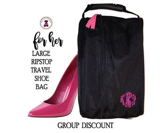 Travel Shoe Bag-Ripstop Black Large-FOR HER with Monogram/Free Ship/Ladies Travel/Bridesmaid Gift /Mother’s Day/Grad Gift/Travel Accessory