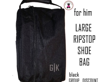 Large Travel Shoe Bag-Ripstop- Black-FOR HIM with Monogram.Free Ship.Men Travel.Groomsmen Gift.Sports Shoe Bag.Grad Gift.Corporate Travel.