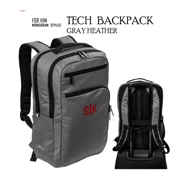 TECH/Laptop Backpack with Monogram FOR HIM-Gray Heather Gray-Free Ship-Men’s Travel /Groomsmen Gift /Father’s Day Gift/Grad Gift/School Bag