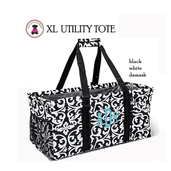 XL Carry It All Tote-FOR HER w Monogram-Trunk Organizer-Blk&White Damask-Free Ship-Grocery Tote.Picnic Tote.Sport Tailgate Tote.Teacher Gift