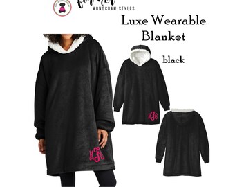 Hoodie Wearable Luxe Blanket w Monogram-Black-FREE SHIP.College Gift.Outdoor Blanket.Cozy Blanket.Christmas Gift.Gift for Her.Team gift