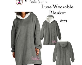 Hoodie Wearable Luxe Blanket w Monogram-Gray-FREE SHIP.College Gift.Outdoor Blanket.Cozy Blanket.Christmas Gift.Gift for Her.Team gift