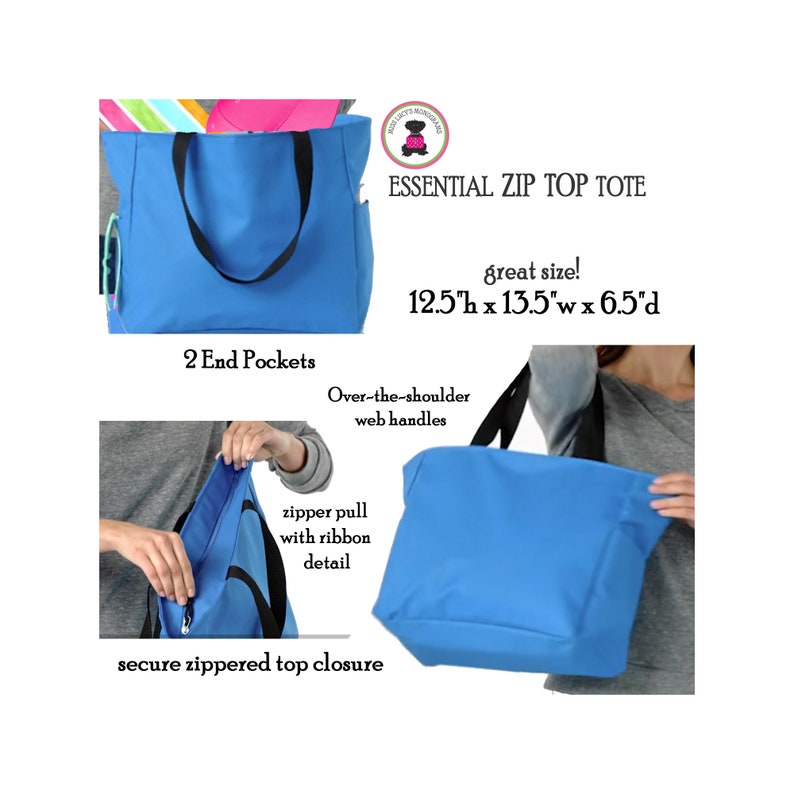 May include: A bright blue zippered tote bag with black handles and two end pockets. The bag is 12.5 inches tall, 13.5 inches wide, and 6.5 inches deep. The zipper pull has a ribbon detail.