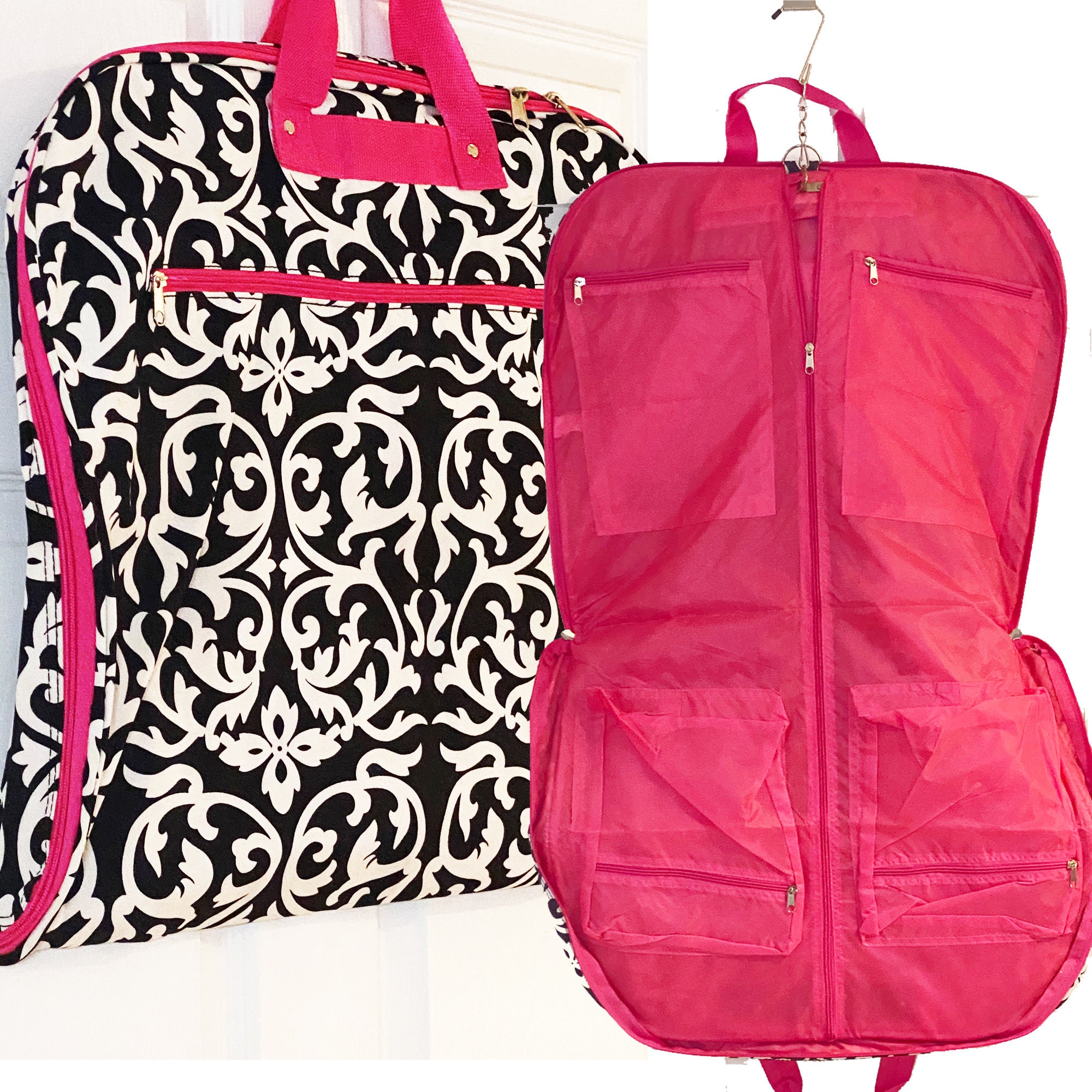Canvas Garment Bag W/ Monogram/black&white Damask With Pink 