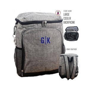 Men’s Cooler Backpack-Large, Insulated-w Monogram-Gray Heather-Free Ship.Grad Gift.Teacher Gift.Insulated Backpack.Groomsmen Gift.Beach Bag