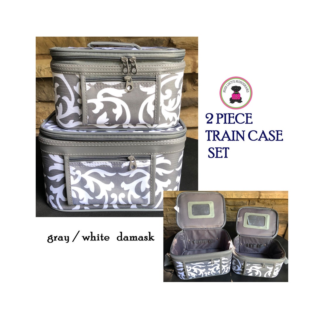 Compass Train Case TRAIN CASE Travel Set-gray and White Damask-free Ship/bridesmaid Gift ...