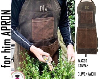 FOR HIM Monogrammed Waxed Canvas Heavy Duty Apron -Olive -Free Ship/Workshop Apron/Groomsmen Gift /Father&#39;s Day Gift/Gardener Gift/ DIY Gift