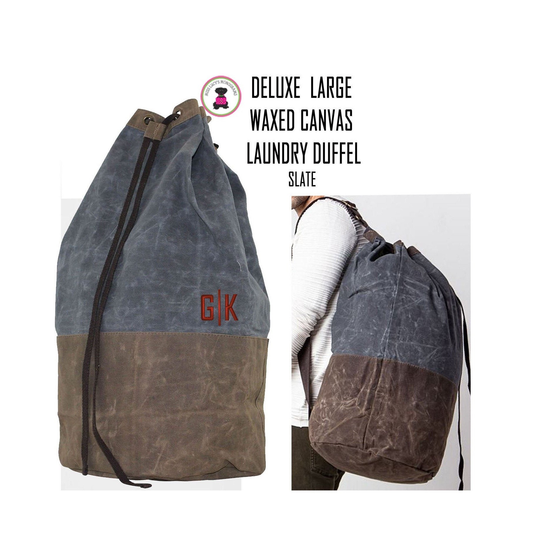 Monogrammed Waxed Canvas Laundry Bag Tote College Graduation Duffel