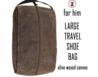 XLarge Shoe Bag w Monogram-Deluxe Waxed Canvas-OLIVE-Free Ship-Men's Travel Gift.Groomsmen Gift .Father's Day Gift.Grad Gift.