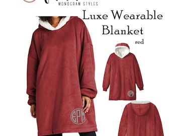 Hoodie Wearable Luxe Blanket w Monogram-Red-FREE SHIP.College Gift.Outdoor Blanket.Cozy Blanket.Christmas Gift.Gift for Her.Team gift