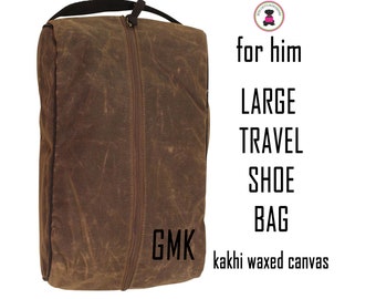 XLarge Shoe Bag w Monogram-Deluxe Waxed Canvas-KAKHI-Free Ship-Men’s Travel Gift.Groomsmen Gift .Father’s Day Gift.Grad Gift.