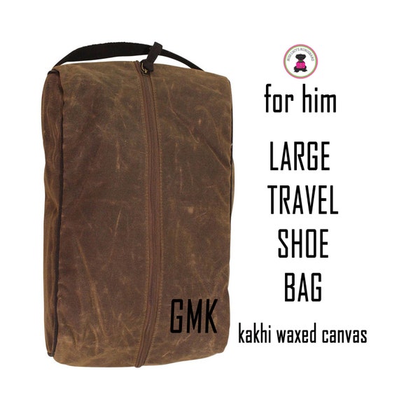 XLarge Shoe Bag w Monogram-Deluxe Waxed Canvas-KAKHI-Free Ship-Men’s Travel Gift.Groomsmen Gift .Father’s Day Gift.Grad Gift.