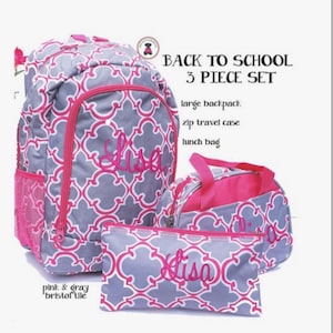 Backpack Travel Set-3 Pc-Gray-Hot Pink-White Seaside Tile.Free Ship.Travel Gift. Flower Girl Gift. Bat Mitzvah Gift.Vacation Travel.