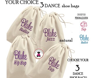 Dancer Set -Your Choice of 3 Travel Shoe Bags-Natural-FREE SHIP/Dancer Travel Shoe Bags/Dancer Shoe Storage/Dancer Gift/Dance Class Shoe Bag