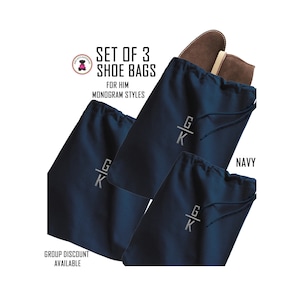 Shoe Bags-Set of 3-w Monogram FOR HIM-Navy-Free Ship.Men’s Shoe Bag.Groomsmen Gift.Father’s Day Gift.Grad Gift.Luggage Organizer Bags.