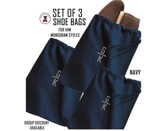 Shoe Bags-Set of 3-w Monogram FOR HIM-Navy-Free Ship.Men’s Shoe Bag.Groomsmen Gift.Father’s Day Gift.Grad Gift.Luggage Organizer Bags.