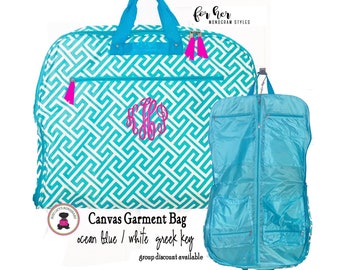 Canvas Garment Bag w/Monogram/Ocean Blue/White Greek Key-Free Ship/Wedding/Bridesmaid Gift/Grad Gift/Dancer Gift/Group Dress Bag/Cheer Gift