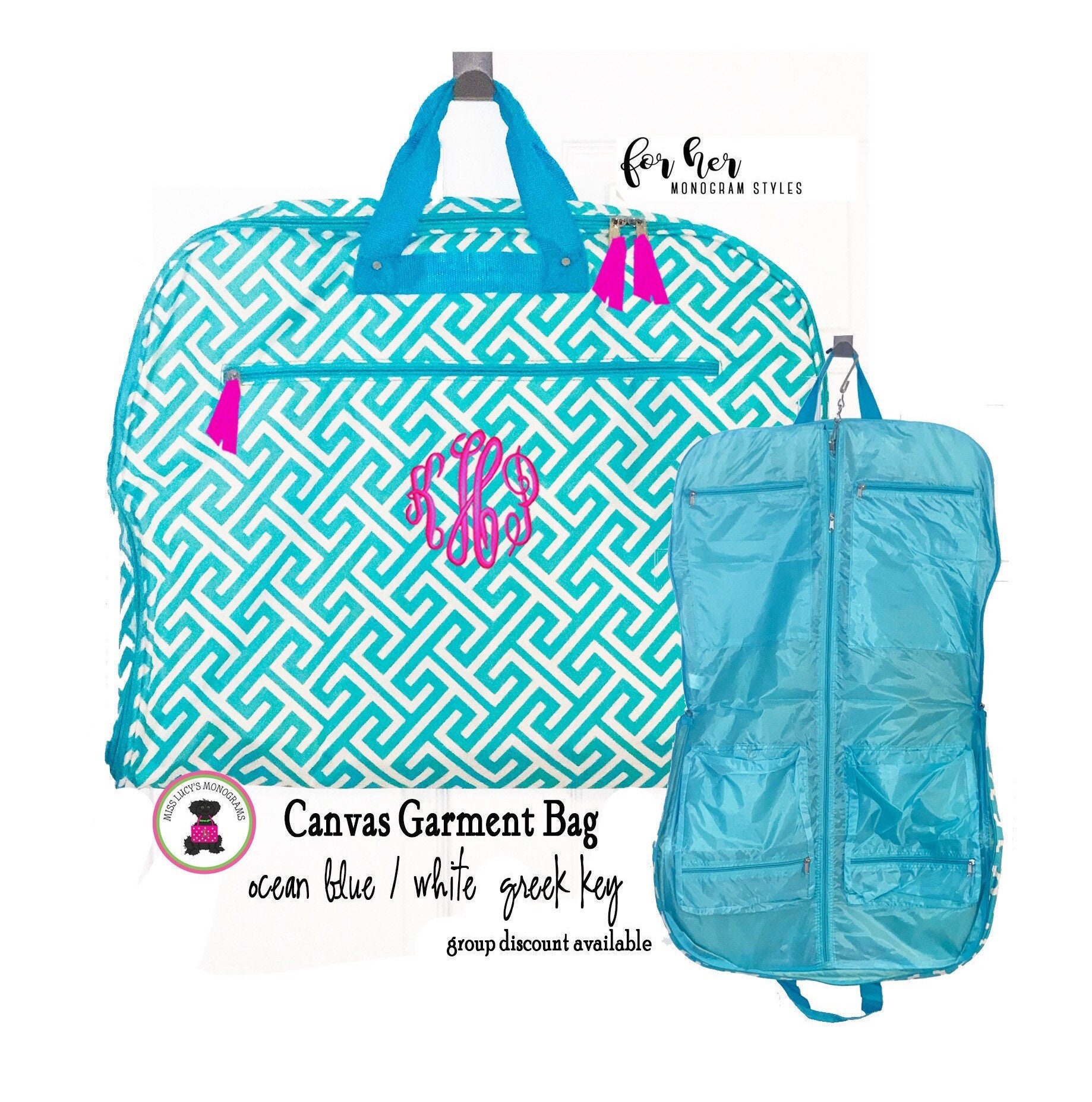 Canvas Garment Bag W/monogram/ocean Blue/white Greek Key-free 