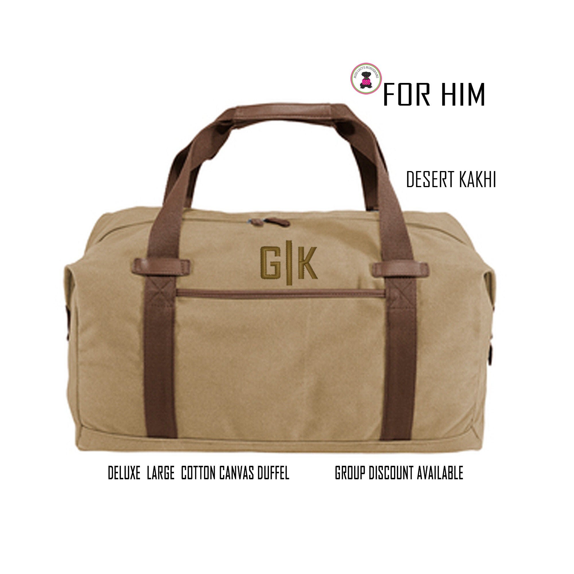 FOR HIM Monogrammed Canvas Deluxe Laundry Drawstring Duffel-Natural/Black  /Free Ship/Men's Travel /Grad Gift/