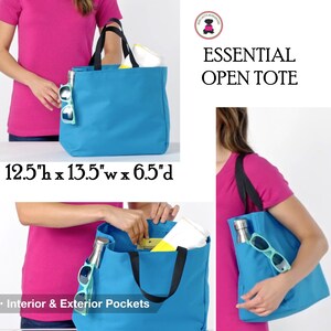 May include: A turquoise blue tote bag with black handles and interior and exterior pockets. The bag is 12.5 inches tall, 13.5 inches wide, and 6.5 inches deep. The text "ESSENTIAL OPEN TOTE" is visible in the image.