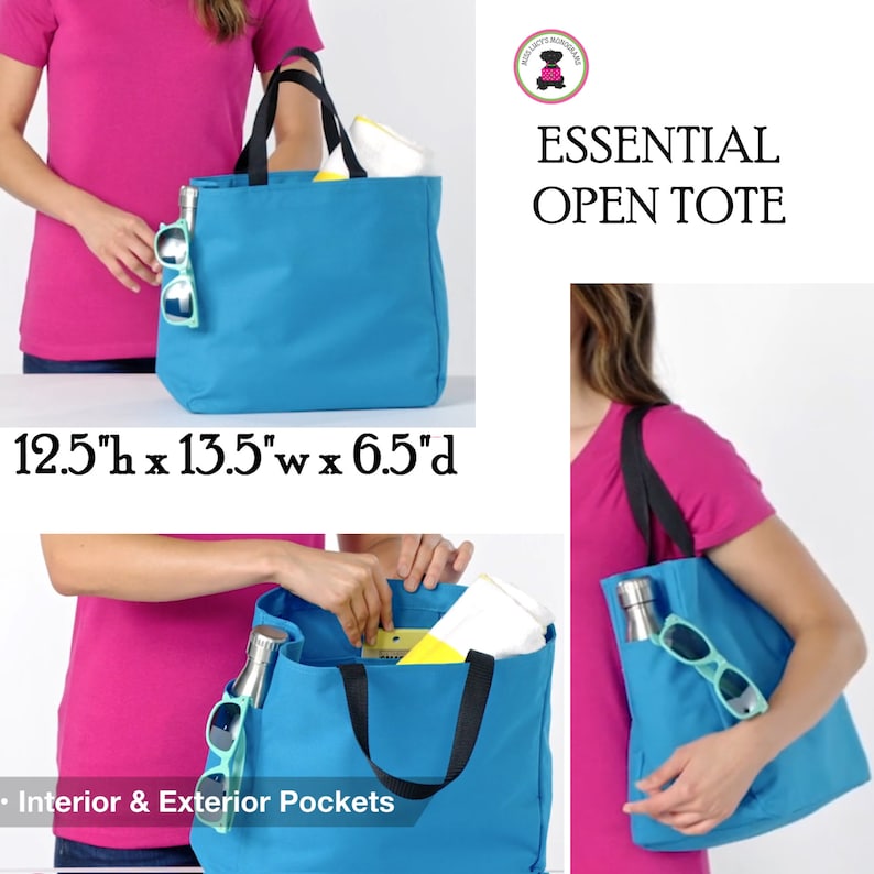 May include: A turquoise blue tote bag with black handles and interior and exterior pockets. The bag is 12.5 inches tall, 13.5 inches wide, and 6.5 inches deep. The text "ESSENTIAL OPEN TOTE" is visible in the image.