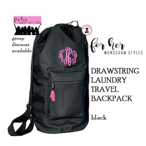 Drawstring Duffel-Laundry Bag w Monogram FOR HER-Black-Free Ship.Grad Gift.Team Gift.Group Gift.Clothes Bag.College Dorm Laundry Bag.Travel