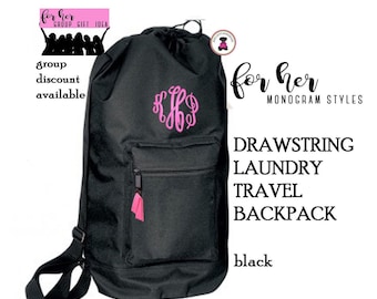 Drawstring Duffel-Laundry Bag w Monogram FOR HER-Black-Free Ship.Grad Gift.Team Gift.Group Gift.Clothes Bag.College Dorm Laundry Bag.Travel