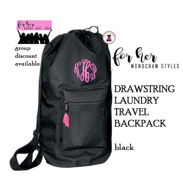 Drawstring Duffel-Laundry Bag w Monogram FOR HER-Black-Free Ship.Grad Gift.Team Gift.Group Gift.Clothes Bag.College Dorm Laundry Bag.Travel