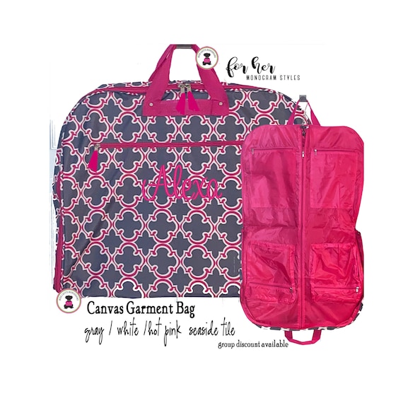 Canvas Garment Bag W/monogram/gray-white-hot Pink Seaside Tile