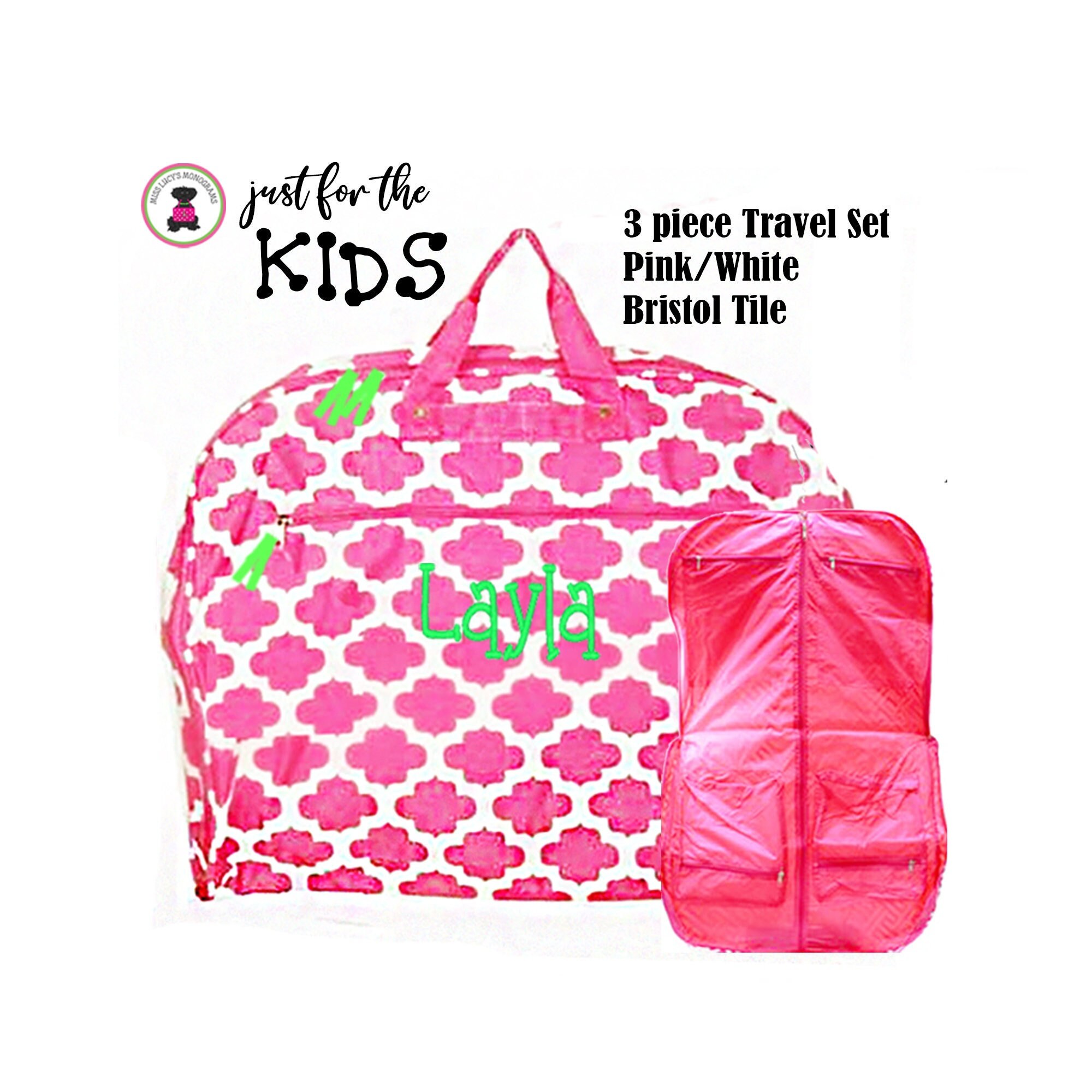 Garment Bag-hot Pink-white Bristol Tile W Kids Monogram.free 