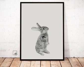 Rabbit Print, Woodlands Nursery Art, Rabbit Wall Decor, Black and White Baby Animal Print, Printable Black and White Bunny, Digital Download