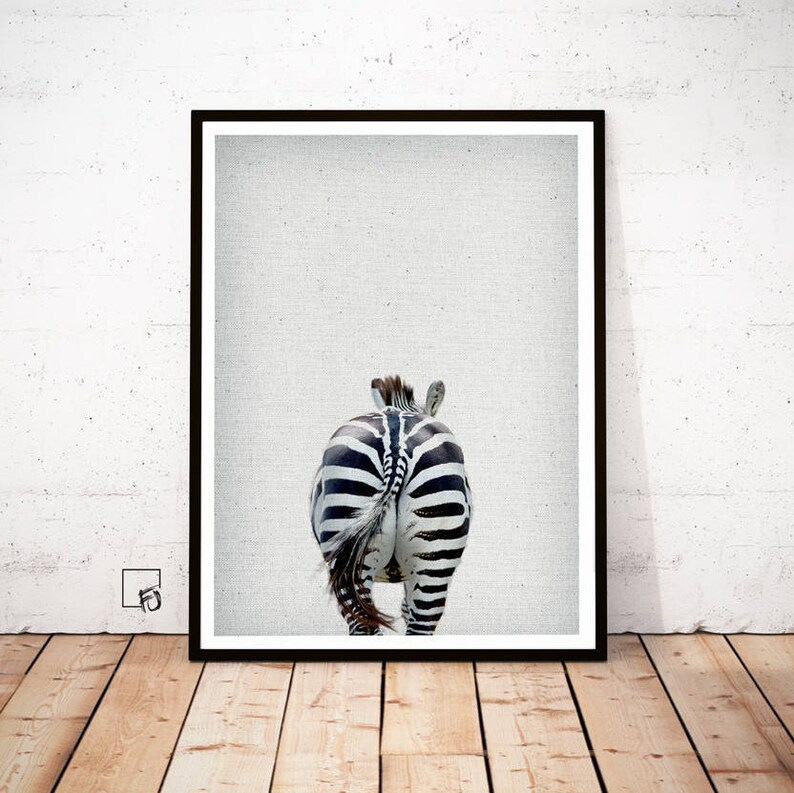 May include: A black and white zebra with its tail visible, walking away from the camera. The zebra is in focus against a light gray background.