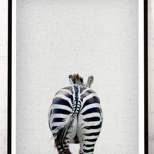 May include: A black and white zebra with its tail sticking up in the air, walking away from the camera. The zebra is in focus, while the background is a blurry white.