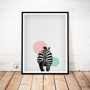 May include: A black and white zebra with a pink and teal geometric design behind it. The zebra is facing away from the viewer and its tail is visible.